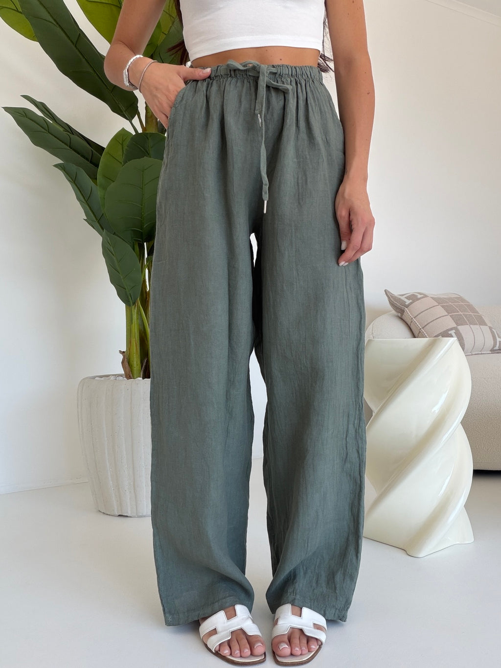 PANTALONE 100%LINO MILITARE