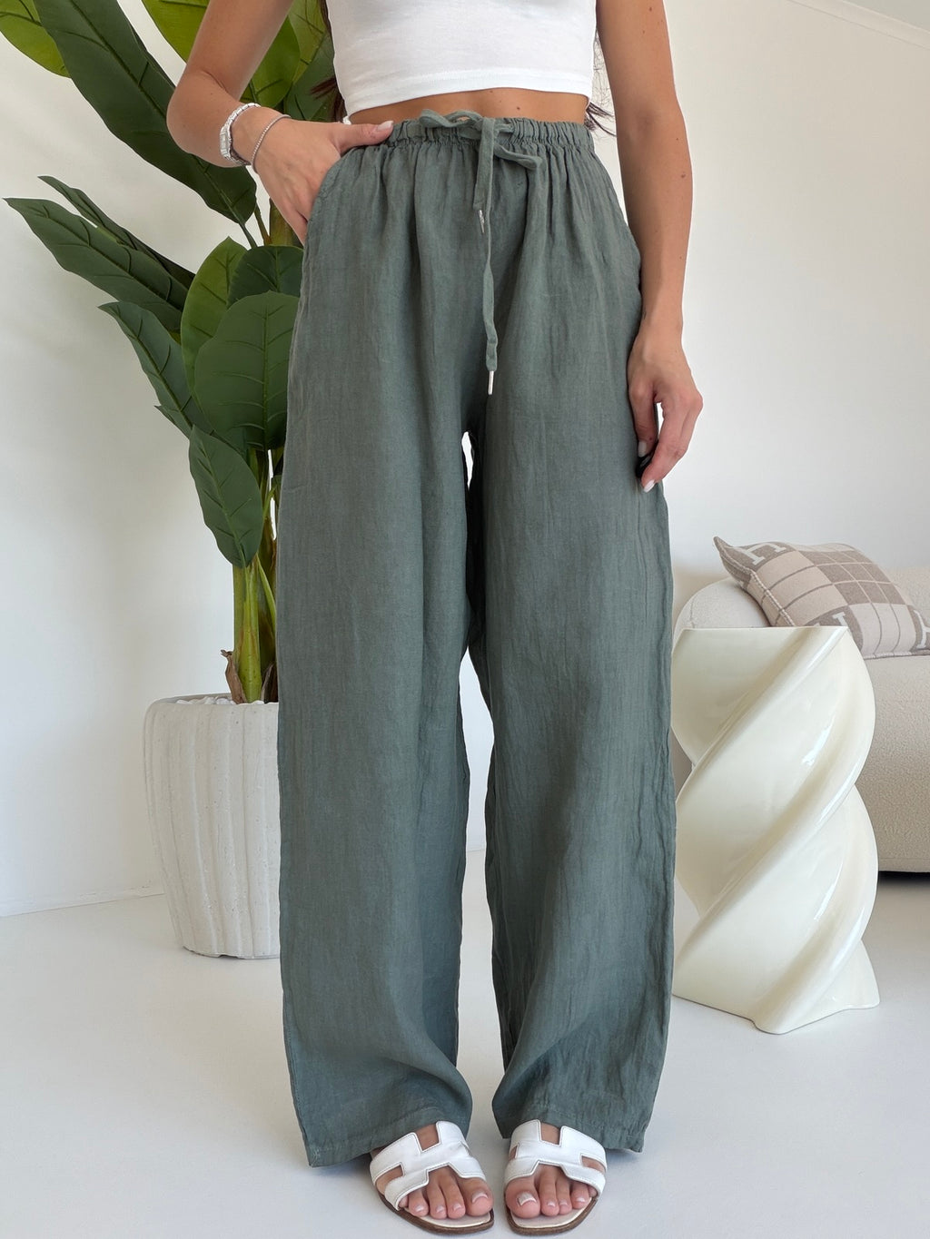 PANTALONE 100%LINO MILITARE