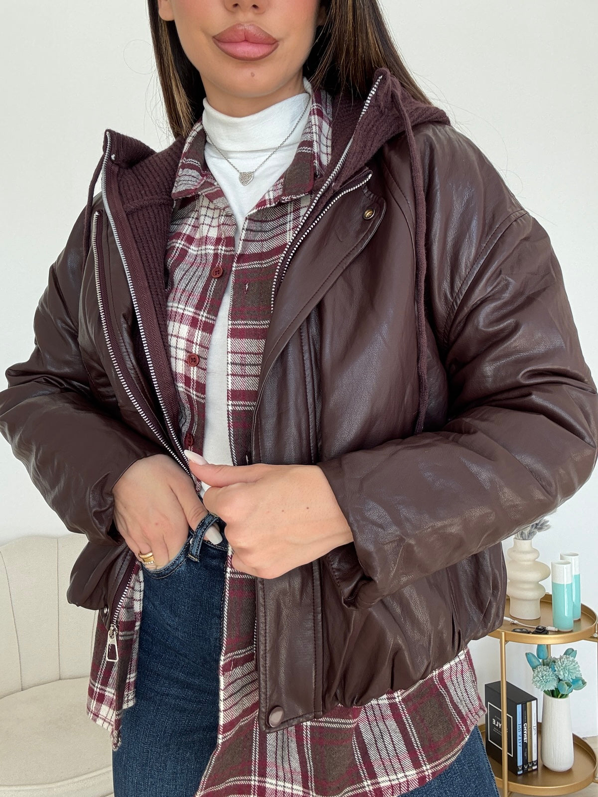 10173-BIKER ECOPELLE BORDEAUX CON CAPPUCCIO