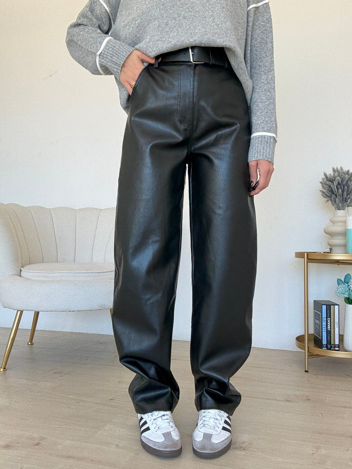 MC7973-PANTALONE SLOUCHY IN ECOPELLE NERO