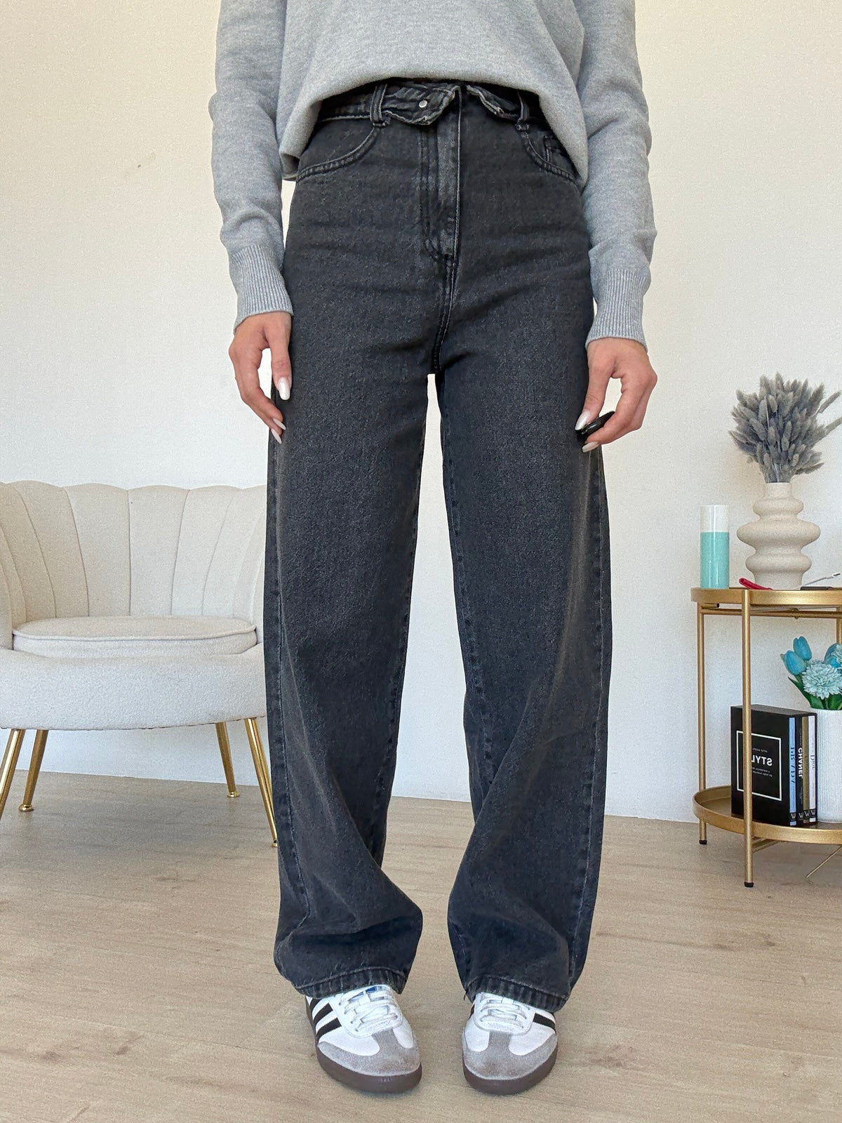 GB037-JEANS RISVOLTO DENIM NERO