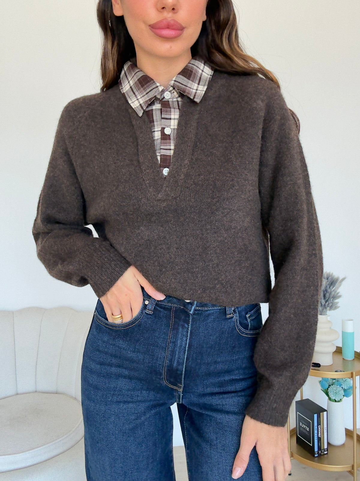 JP7932-PULL COLLO IN CAMICIA CHOCO