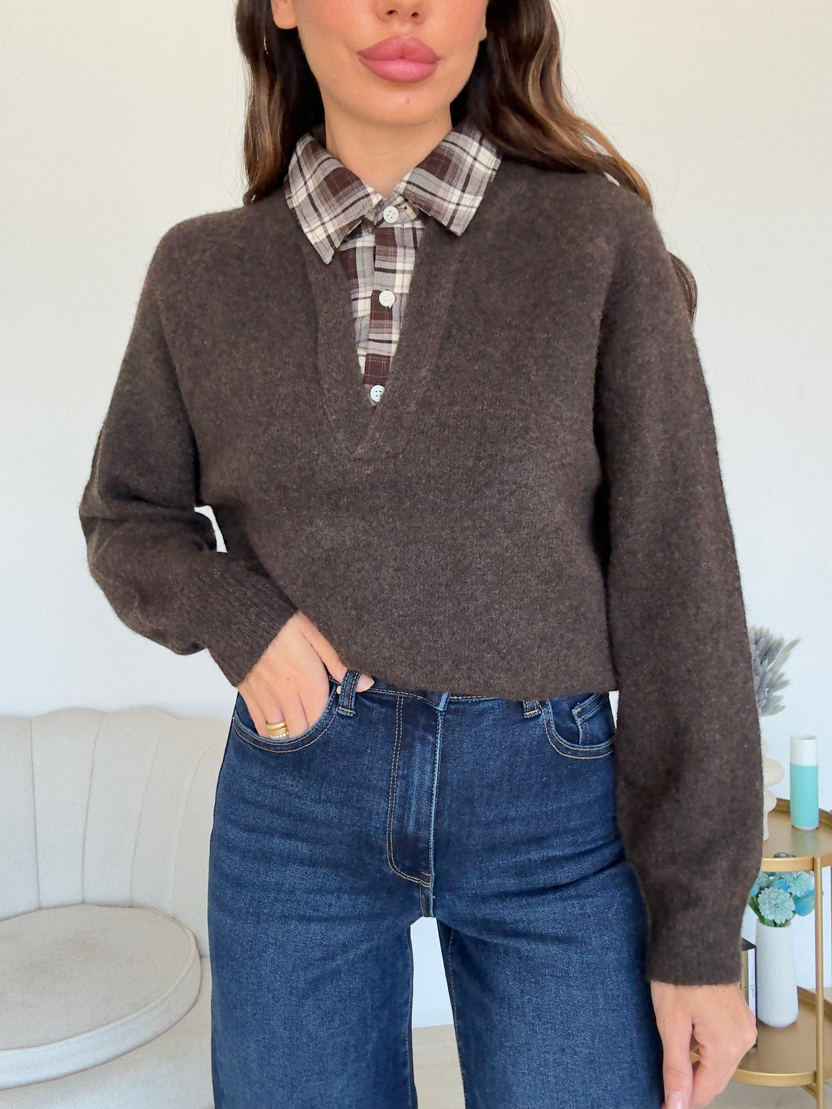 JP7932-PULL COLLO IN CAMICIA CHOCO