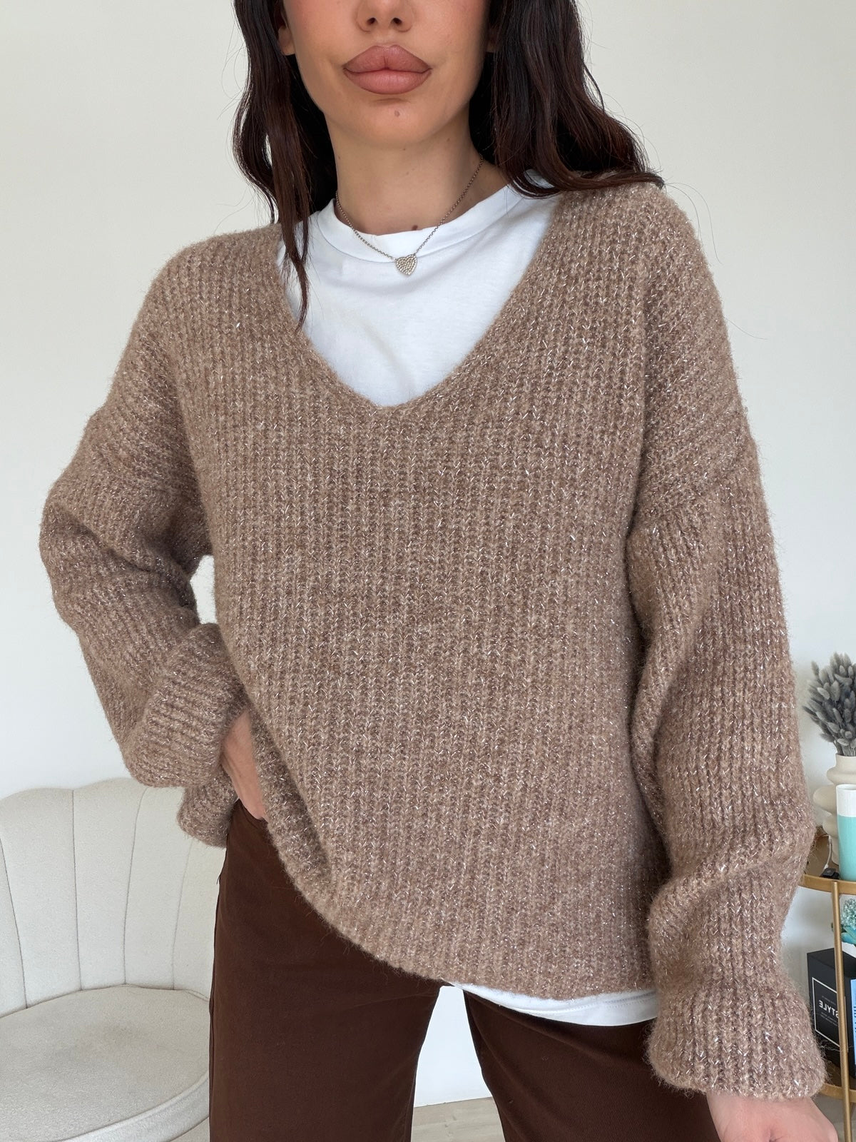 33771-PULL V GLITTERY TAUPE