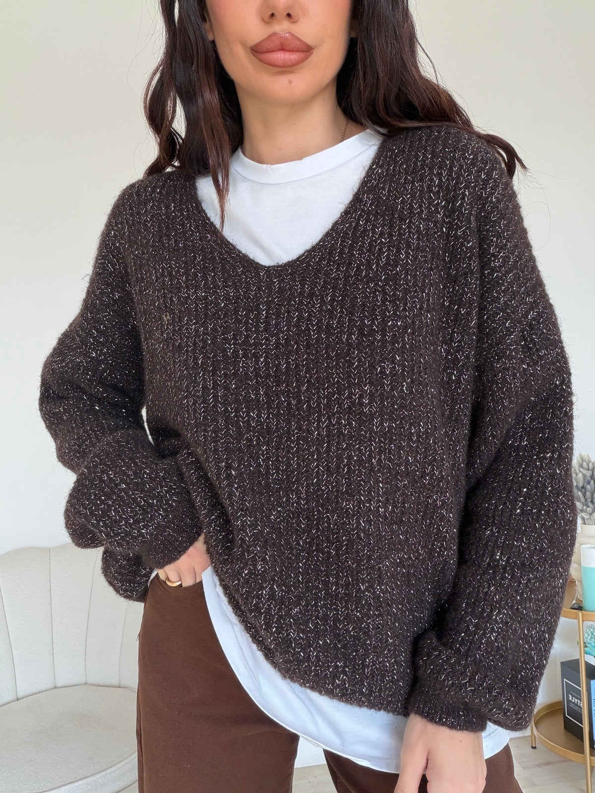 33771-PULL V GLITTERY CHOCO