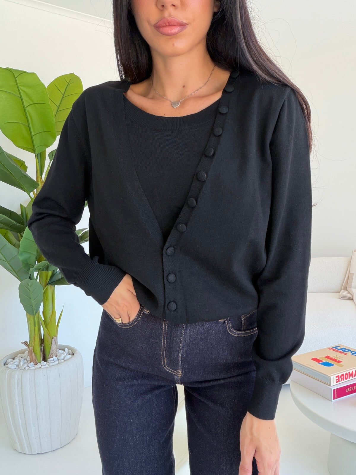 L06837-CARDIGAN EFFETTO TWINSET NERO