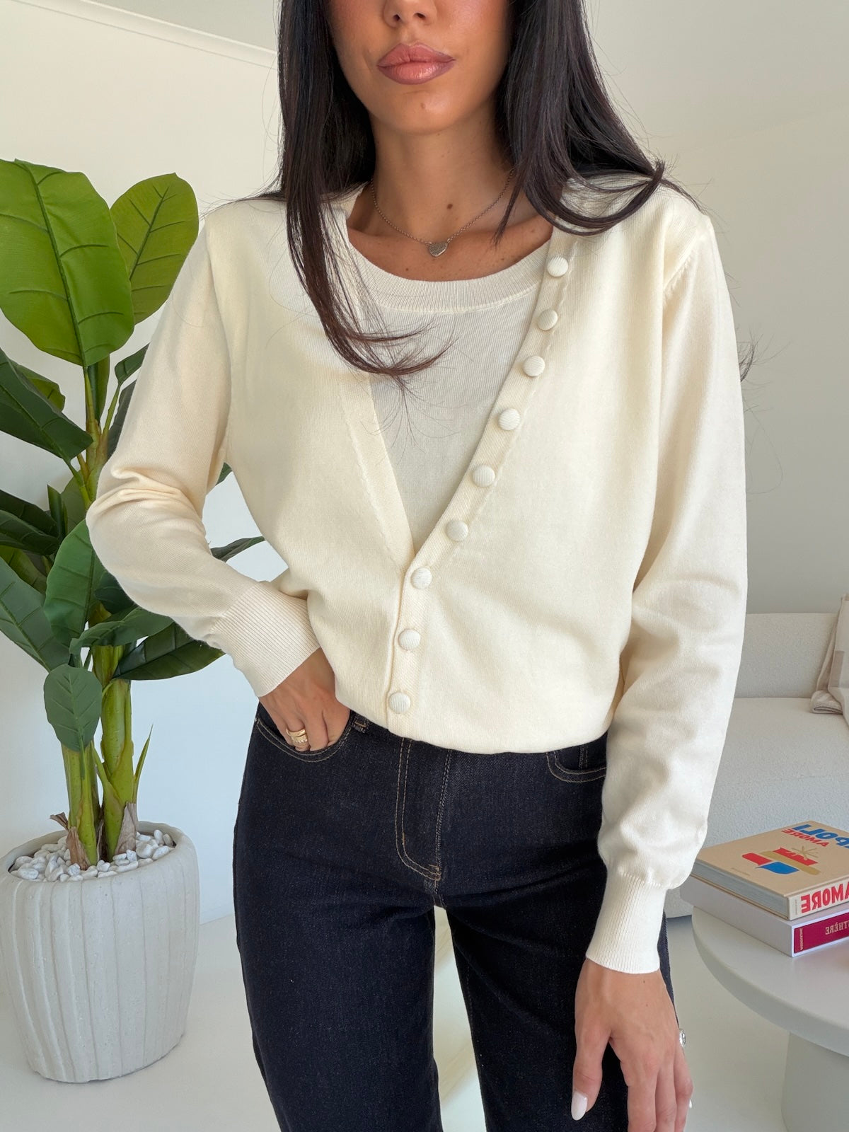 L06837-CARDIGAN EFFETTO TWINSET BURRO