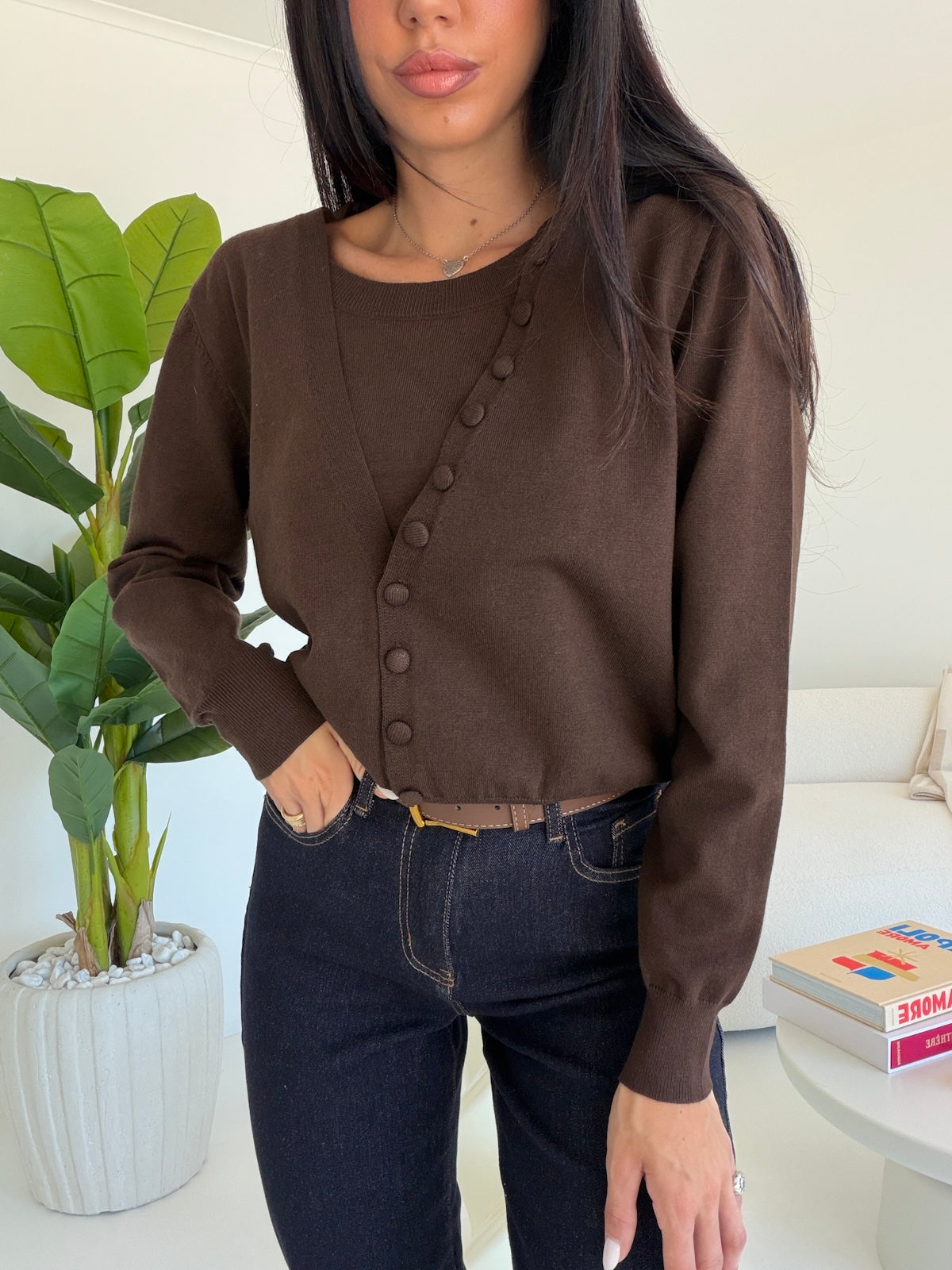 L06837-CARDIGAN EFFETTO TWINSET CHOCO