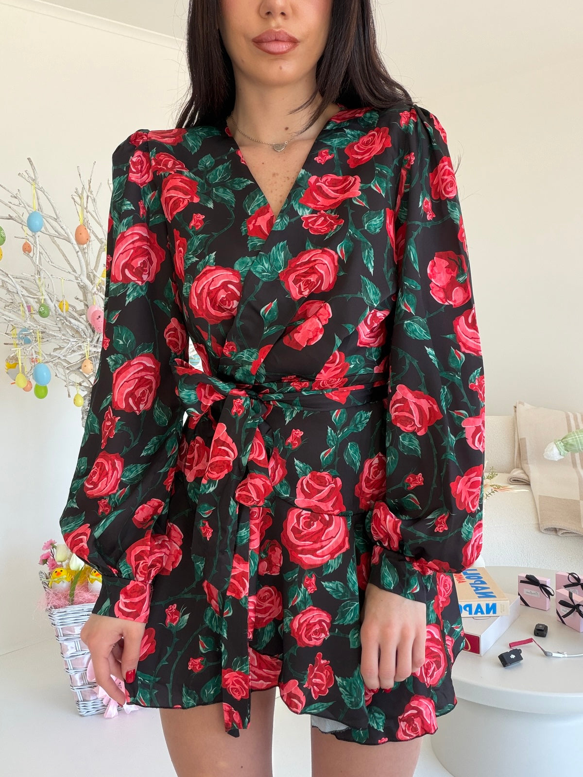 MINI ABITO A PORTAFOGLIO BLACK ROSES