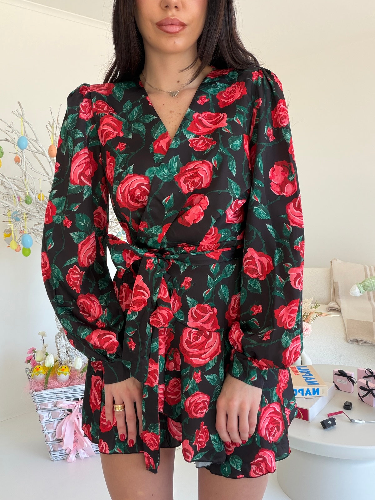 MINI ABITO A PORTAFOGLIO BLACK ROSES