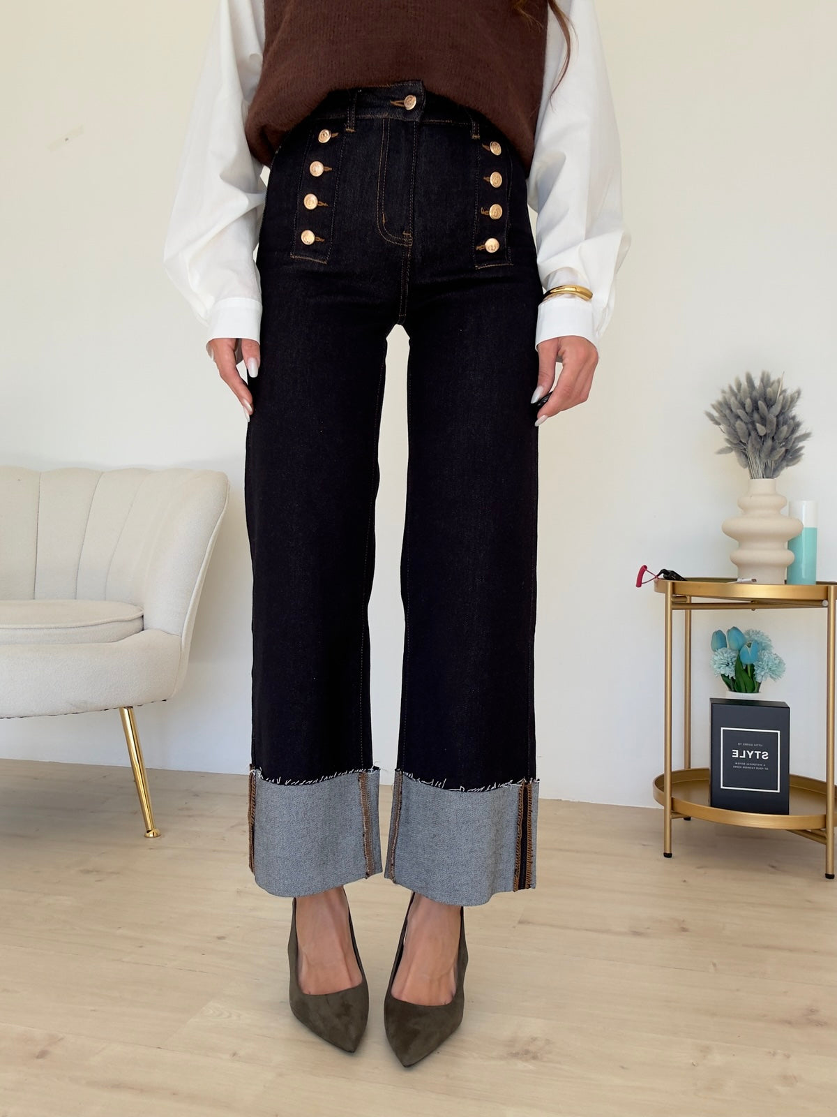 M7207QK-JEANS PIEGONE BOTTONI ORO