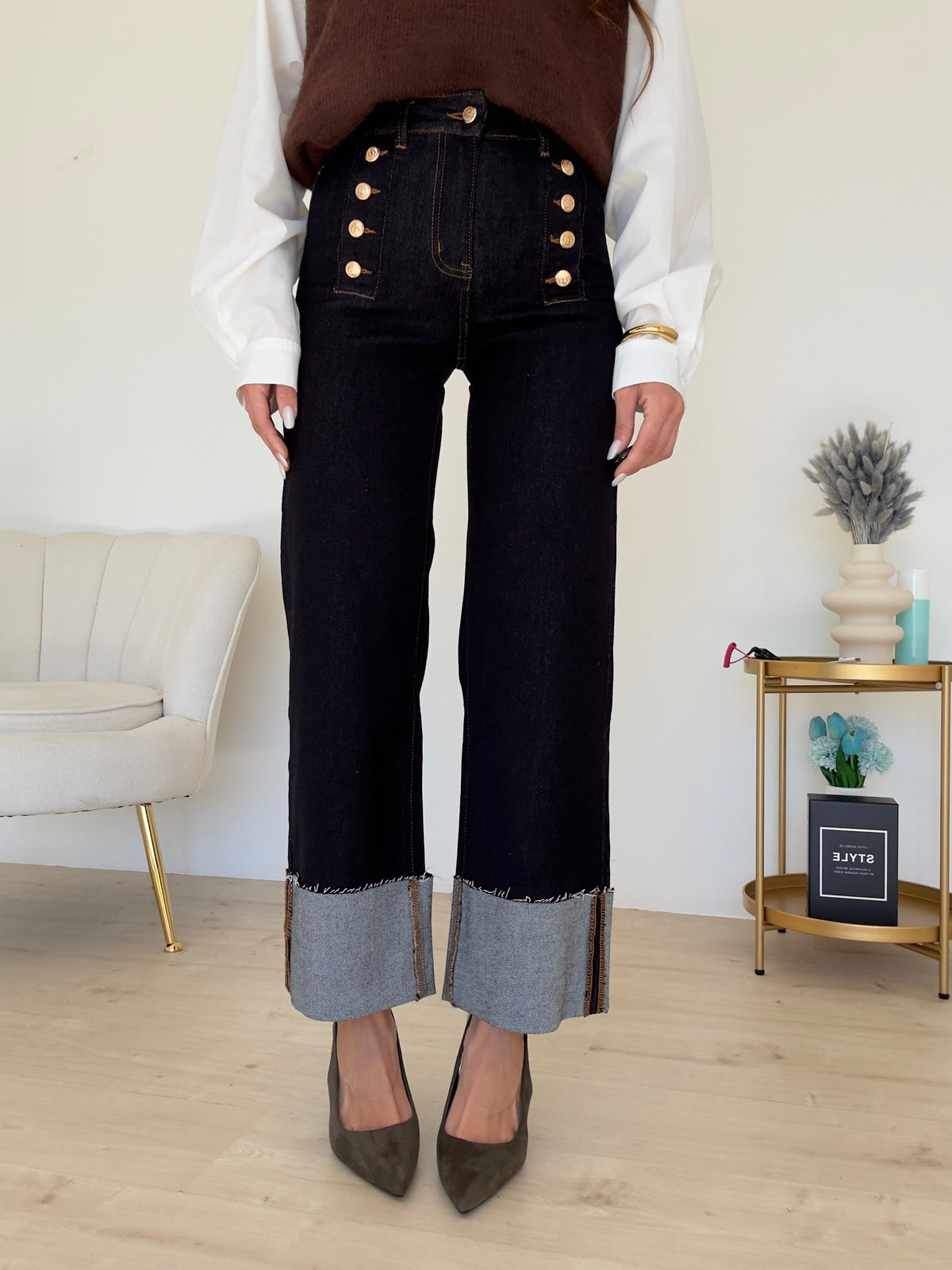 M7207QK-JEANS PIEGONE BOTTONI ORO