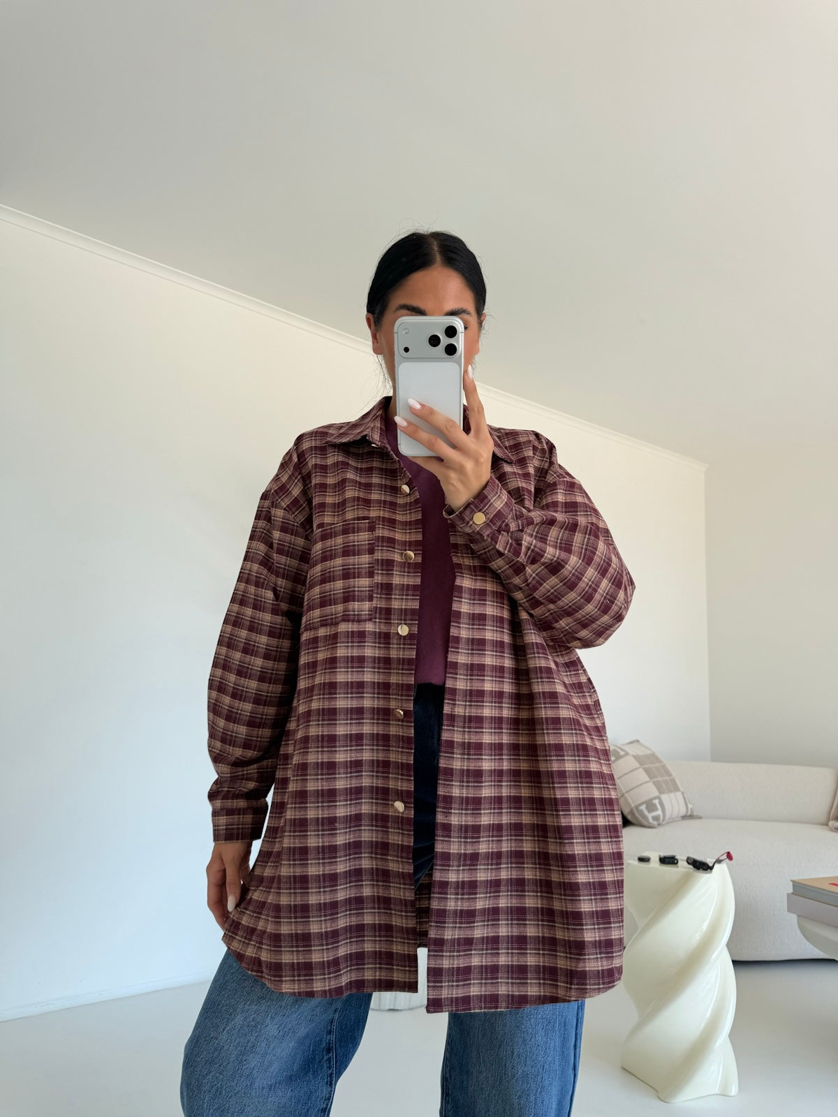 K199-MAXI CAMICIA QUADRI BURGUNDY
