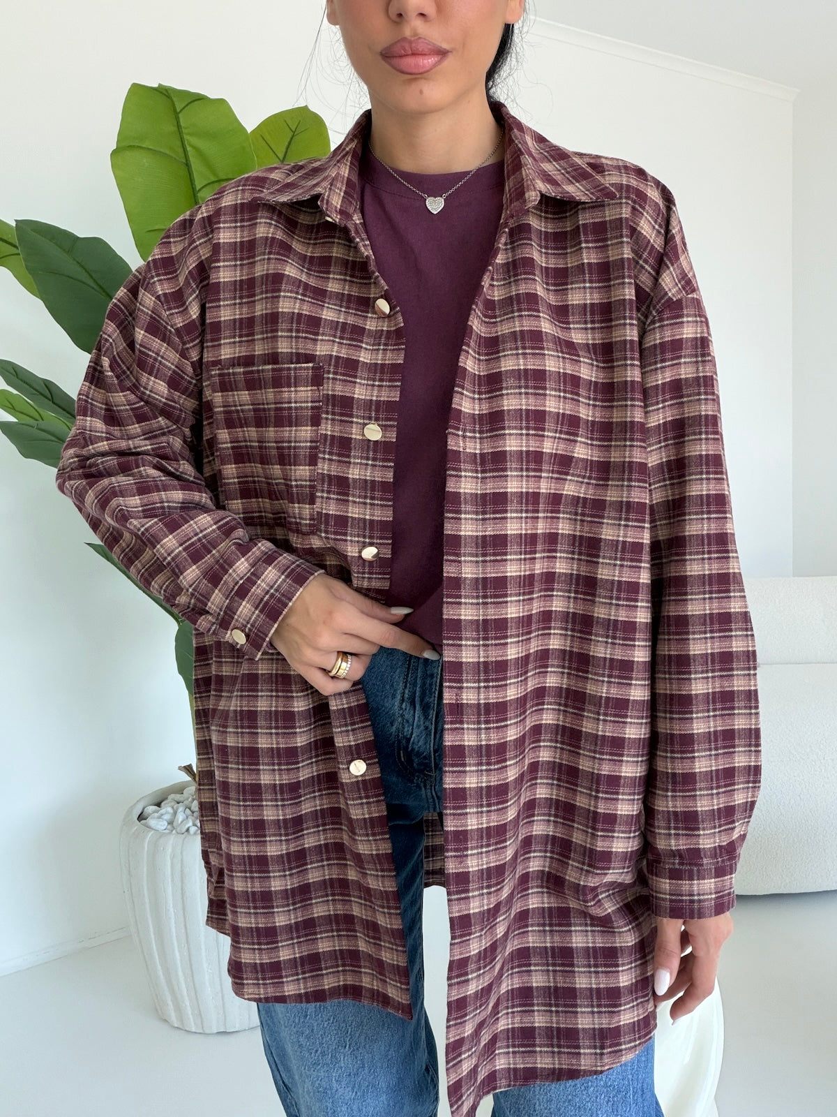 K199-MAXI CAMICIA QUADRI BURGUNDY