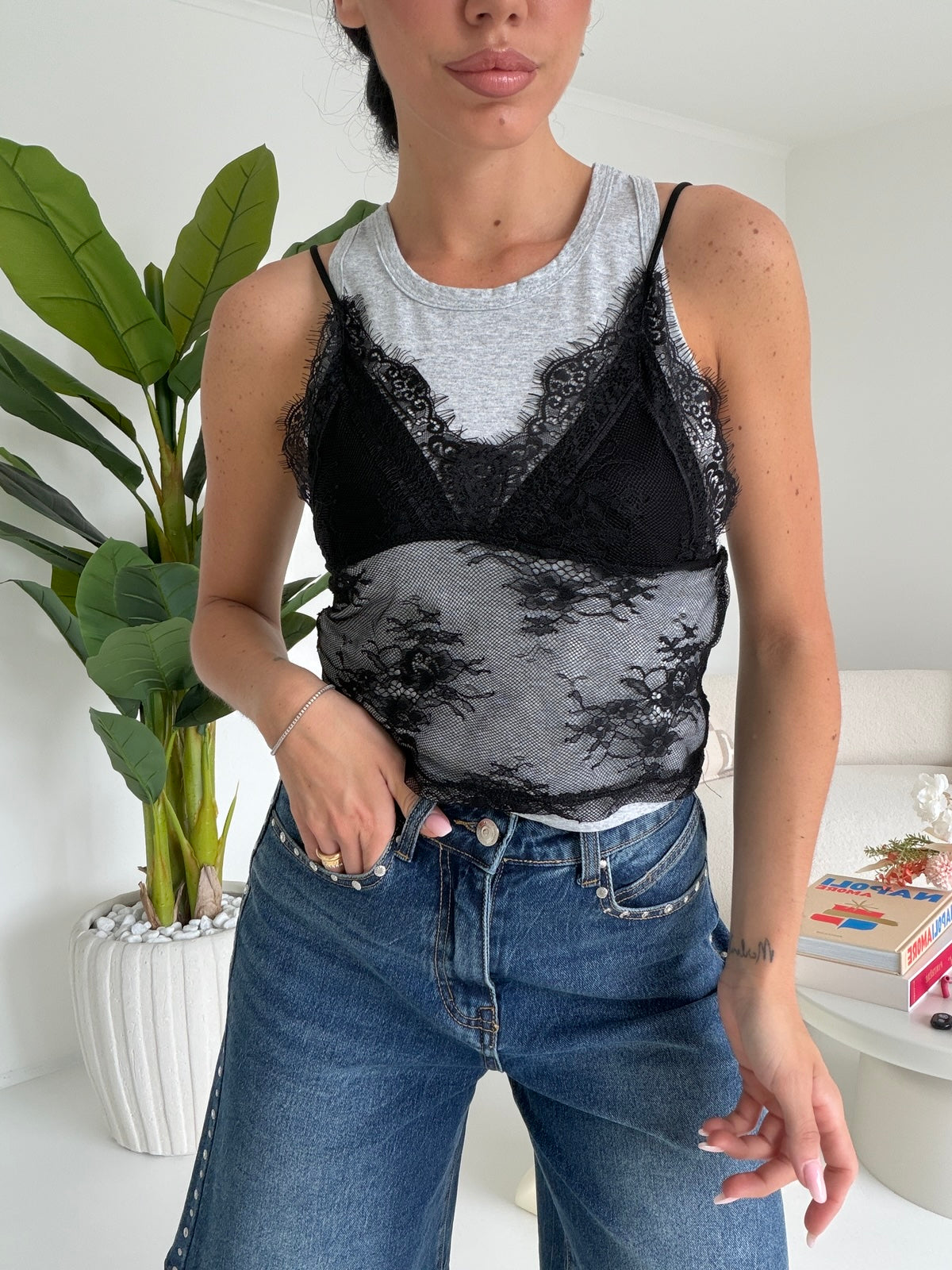 CANOTTA+BLUSA IN PIZZO GREY
