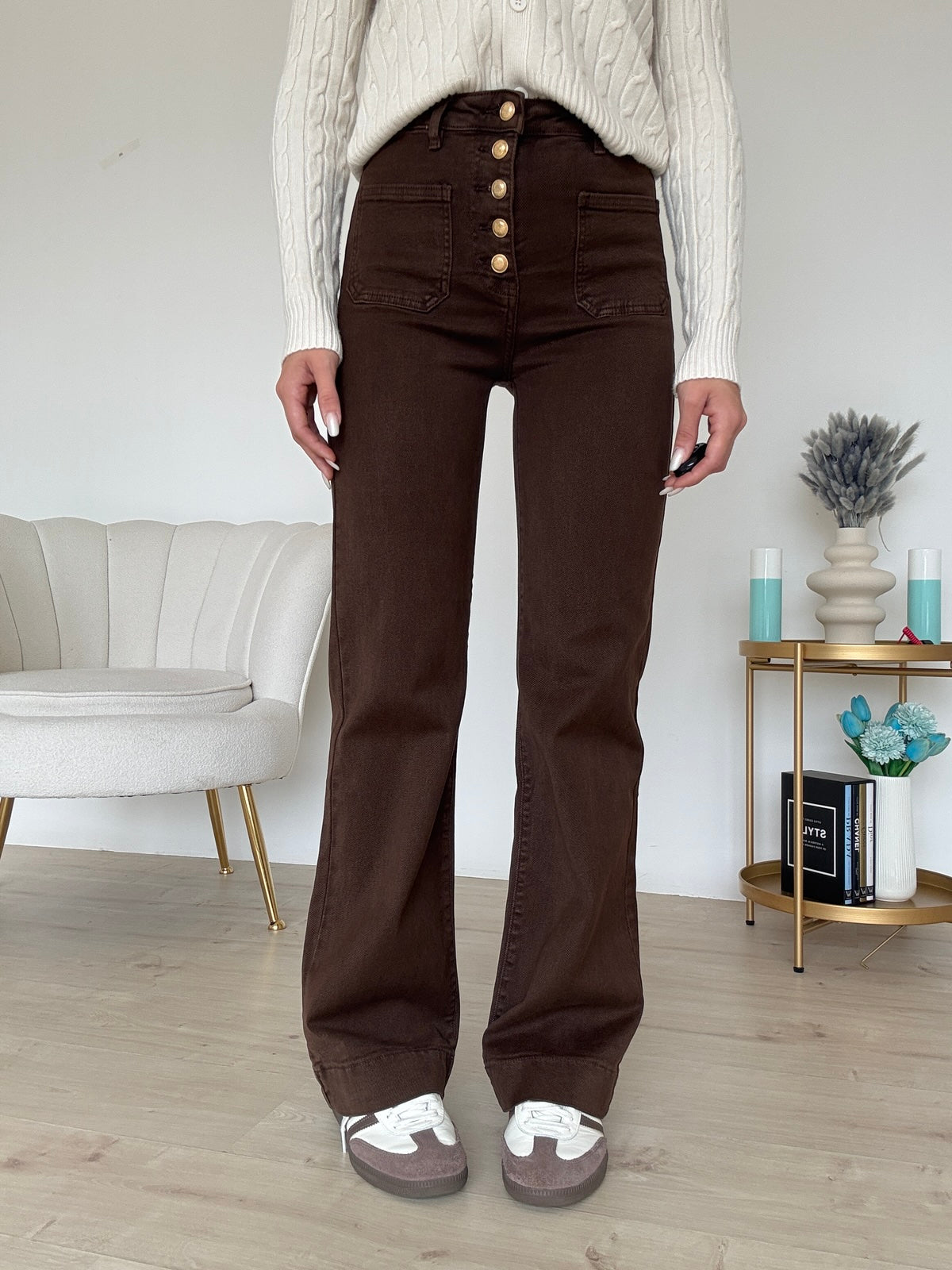 Y6188-14-JEANS FLARE CHOCO
