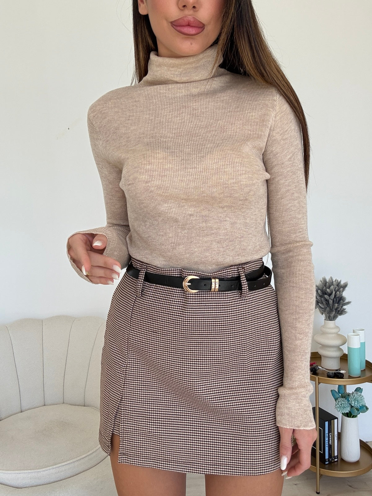 Y0864-MINI GONNA-SHORT QUADRETTI CHOCO